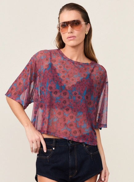 blusa tule manga curta floral animale